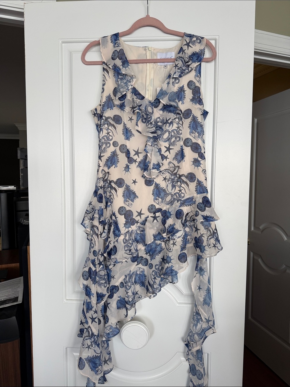 Sleeveless Ruffle Asymmetric Dress in Cream and Blue